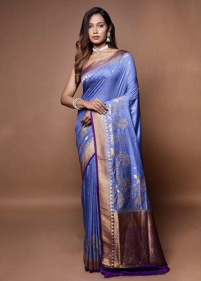 Blue Dupion Silk Saree With Blouse Piece