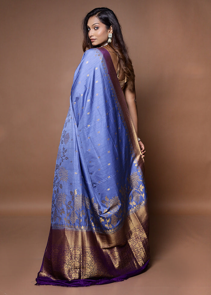 Blue Dupion Silk Saree With Blouse Piece