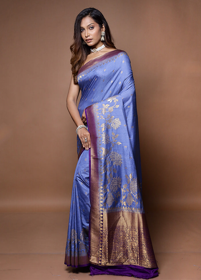 Blue Dupion Silk Saree With Blouse Piece