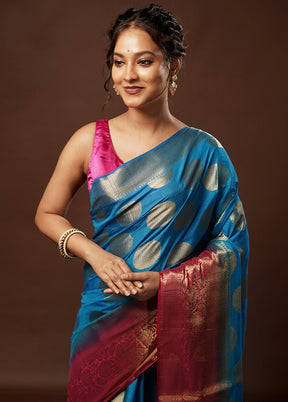 Blue Dupion Silk Saree With Blouse Piece