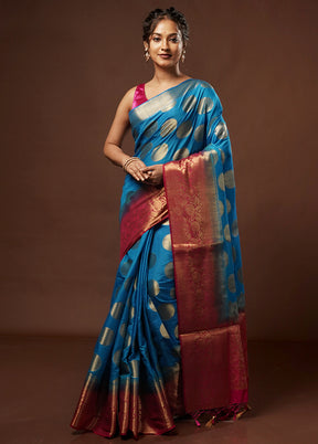 Blue Dupion Silk Saree With Blouse Piece