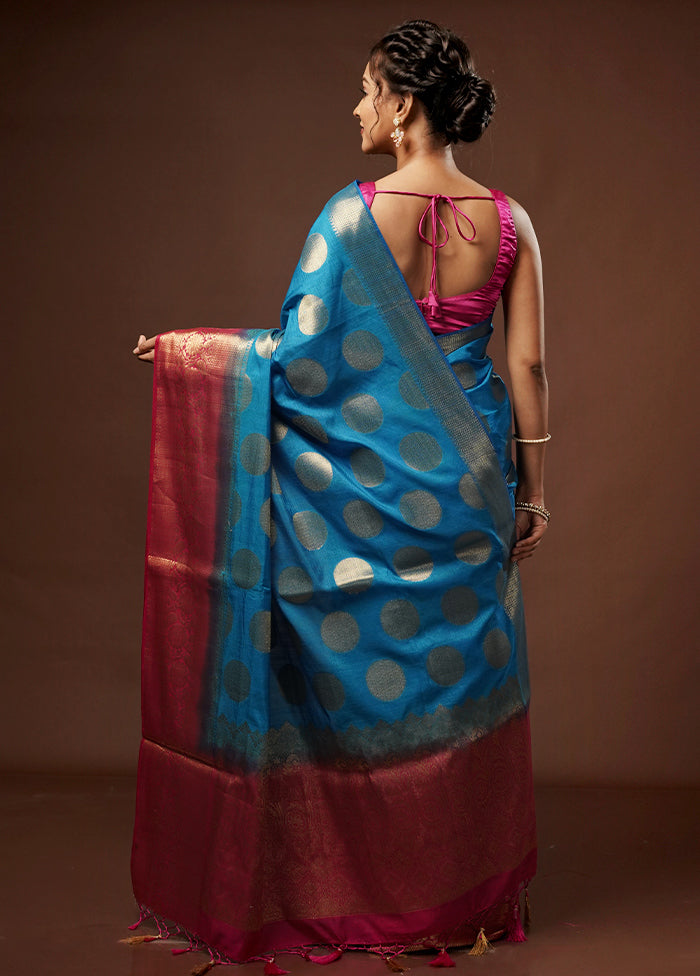 Blue Dupion Silk Saree With Blouse Piece - Indian Silk House Agencies