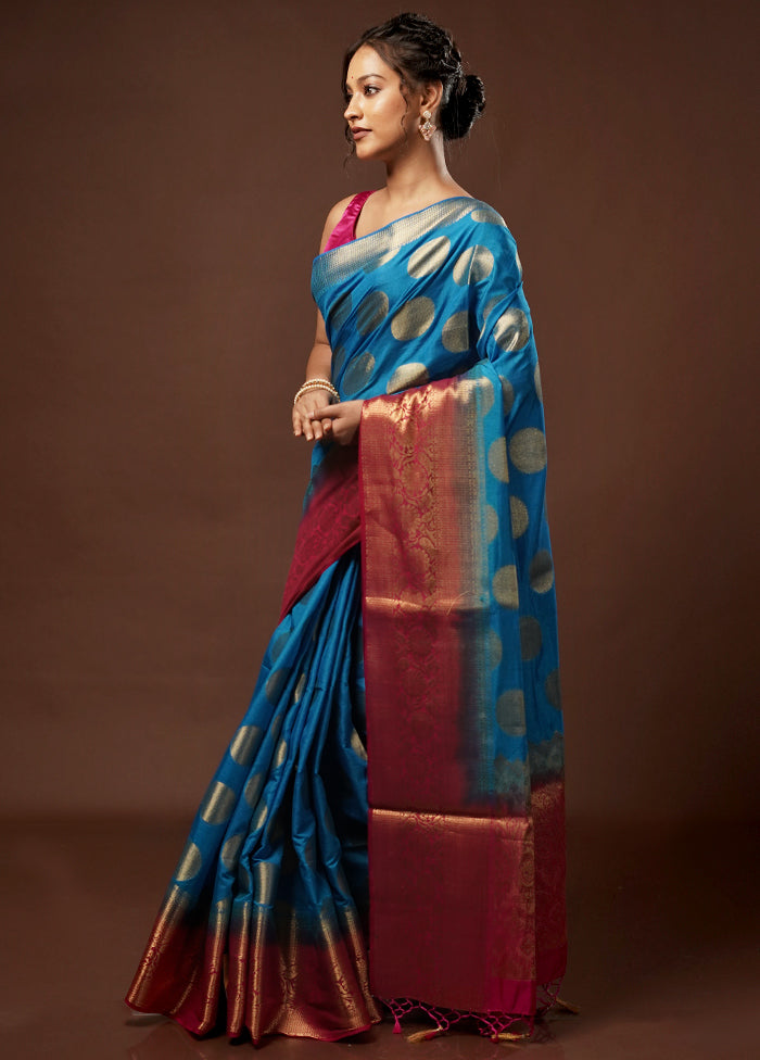 Blue Dupion Silk Saree With Blouse Piece