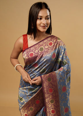 Grey Dupion Silk Saree With Blouse Piece