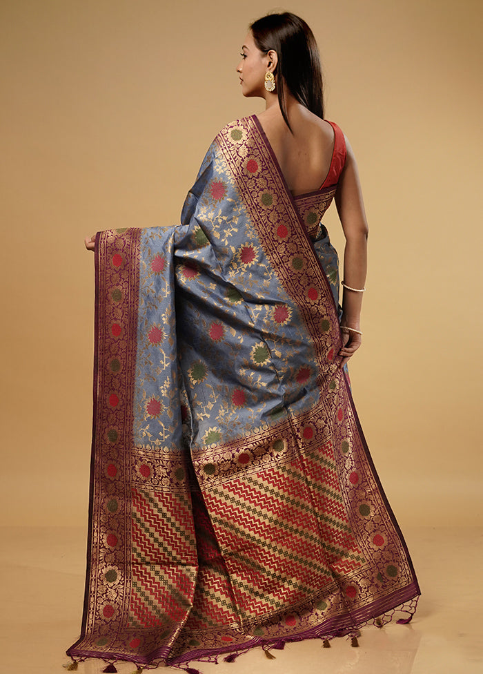 Grey Dupion Silk Saree With Blouse Piece