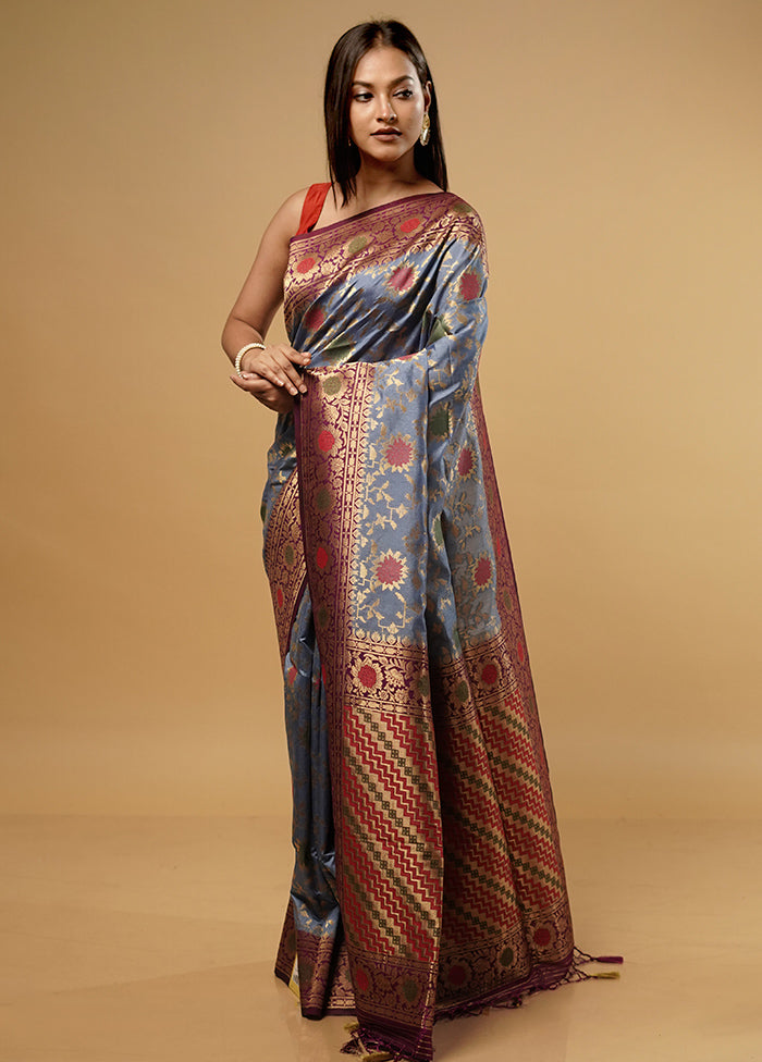 Grey Dupion Silk Saree With Blouse Piece