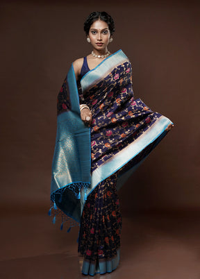 Blue Dupion Silk Saree With Blouse Piece