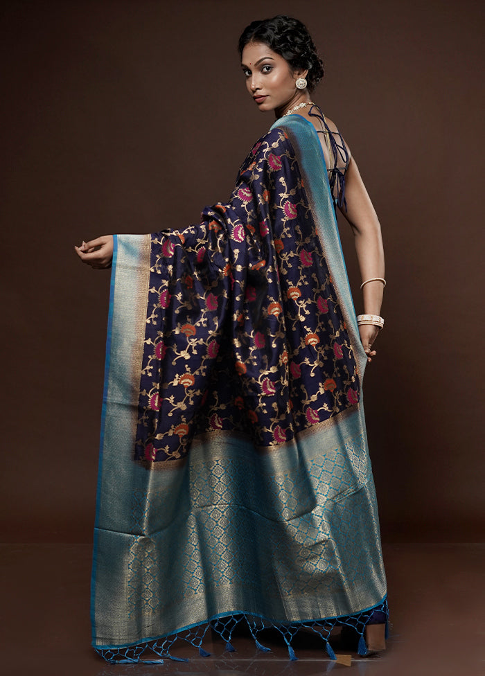 Blue Dupion Silk Saree With Blouse Piece