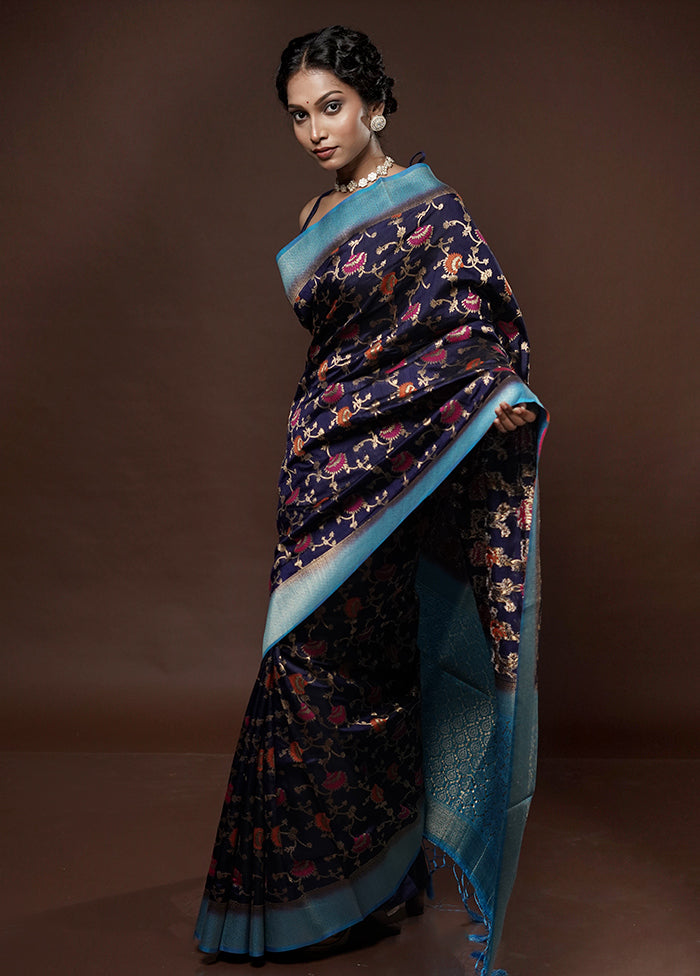 Blue Dupion Silk Saree With Blouse Piece - Indian Silk House Agencies