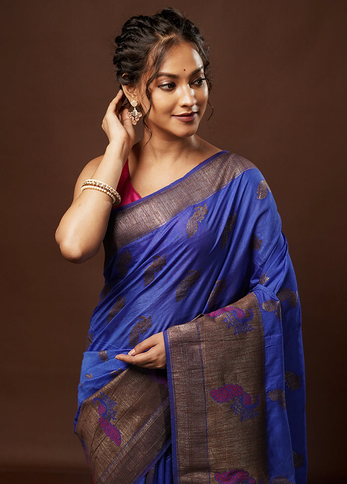 Blue Dupion Silk Saree With Blouse Piece - Indian Silk House Agencies