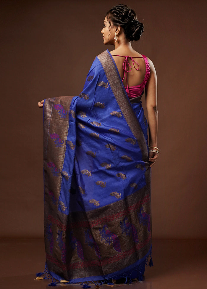 Blue Dupion Silk Saree With Blouse Piece - Indian Silk House Agencies