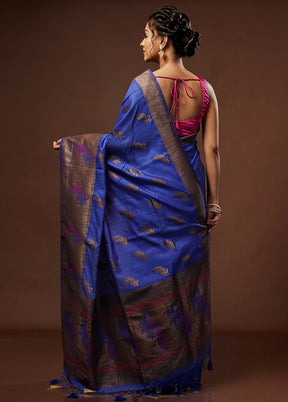 Blue Dupion Silk Saree With Blouse Piece - Indian Silk House Agencies