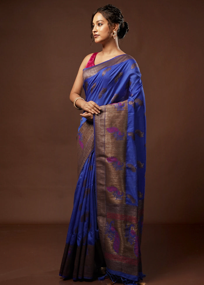 Blue Dupion Silk Saree With Blouse Piece - Indian Silk House Agencies