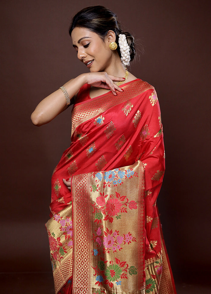 Red Dupion Silk Saree With Blouse Piece - Indian Silk House Agencies