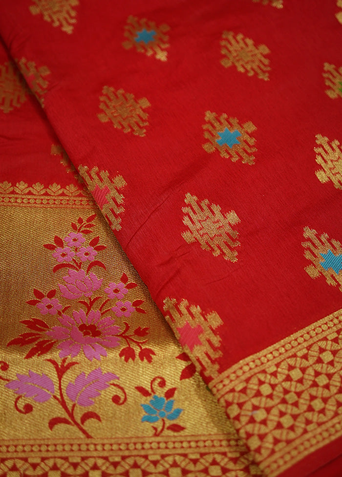 Red Dupion Silk Saree With Blouse Piece - Indian Silk House Agencies