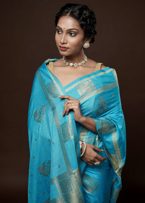 Blue Dupion Silk Saree With Blouse Piece