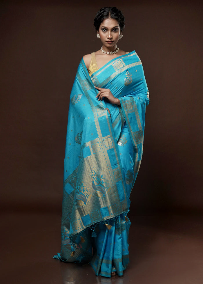 Blue Dupion Silk Saree With Blouse Piece - Indian Silk House Agencies