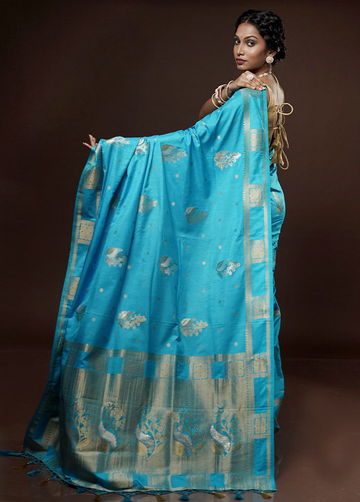 Blue Dupion Silk Saree With Blouse Piece