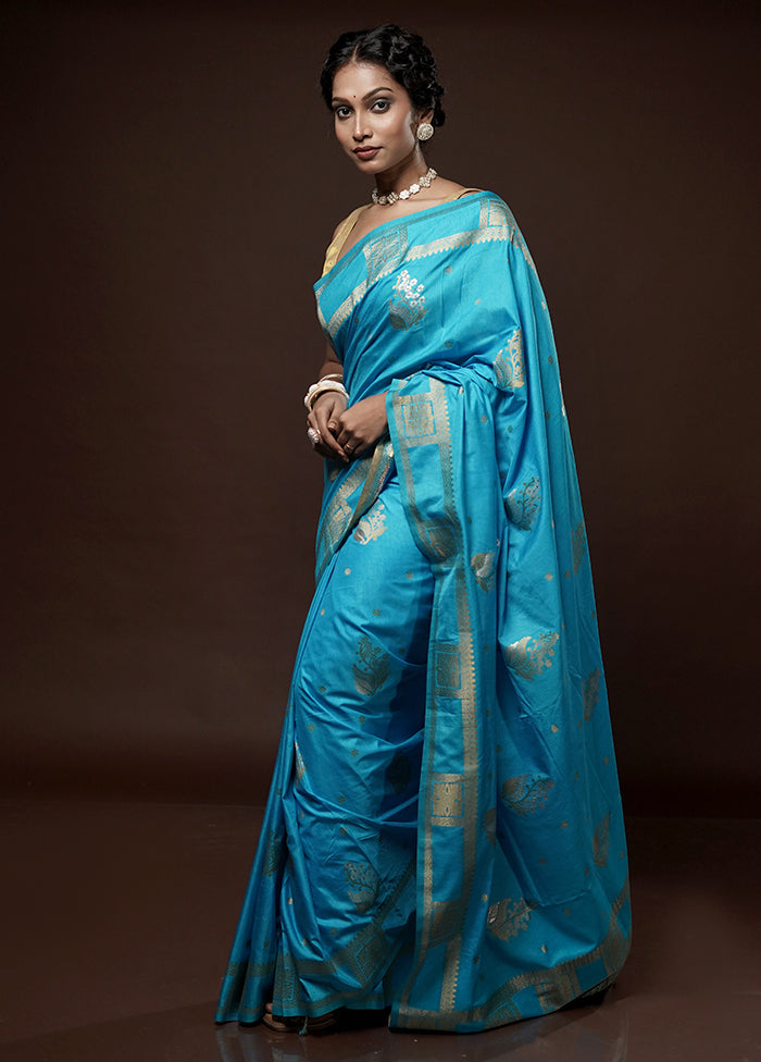 Blue Dupion Silk Saree With Blouse Piece