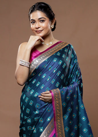 Blue Tanchoi Banarasi Silk Saree With Blouse Piece