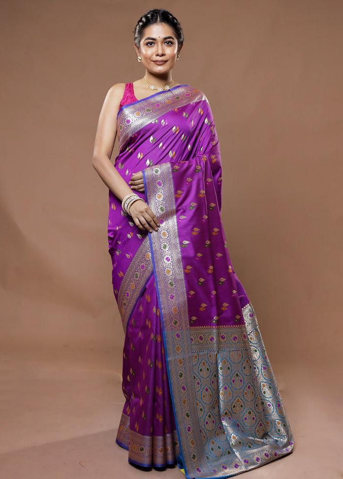 Purple Banarasi Pure Silk Saree With Blouse Piece