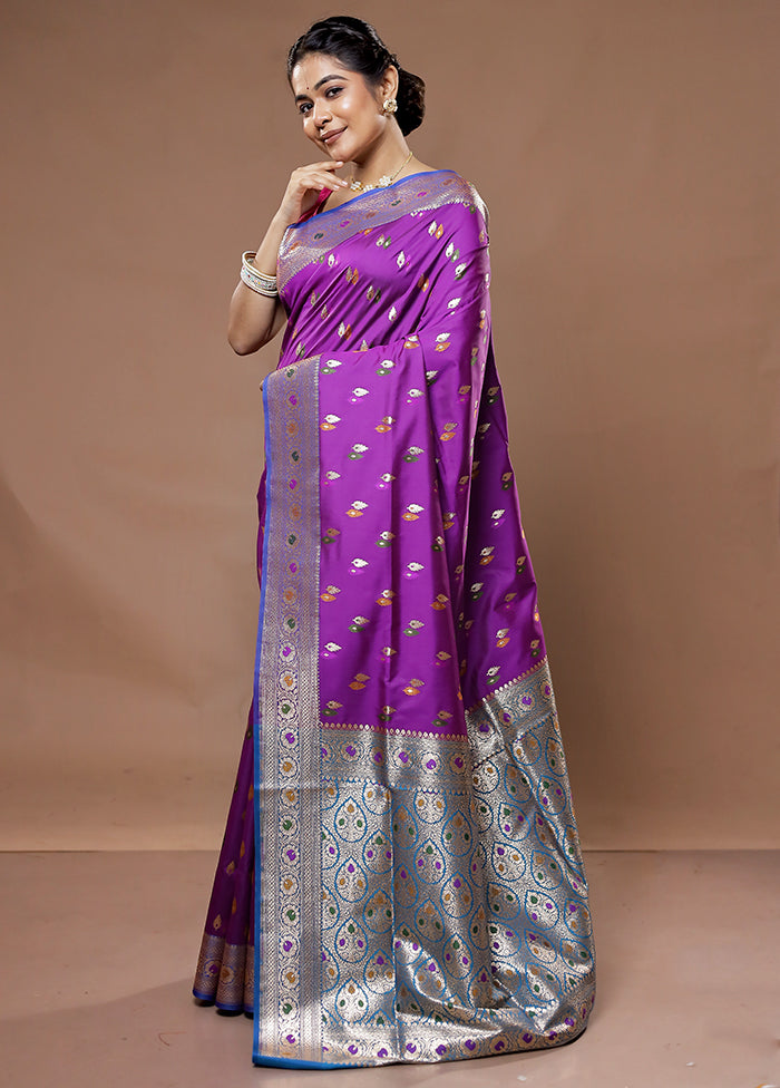 Purple Banarasi Pure Silk Saree With Blouse Piece