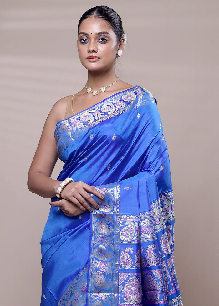 Blue Handloom Baluchari Pure Silk Saree With Blouse Piece