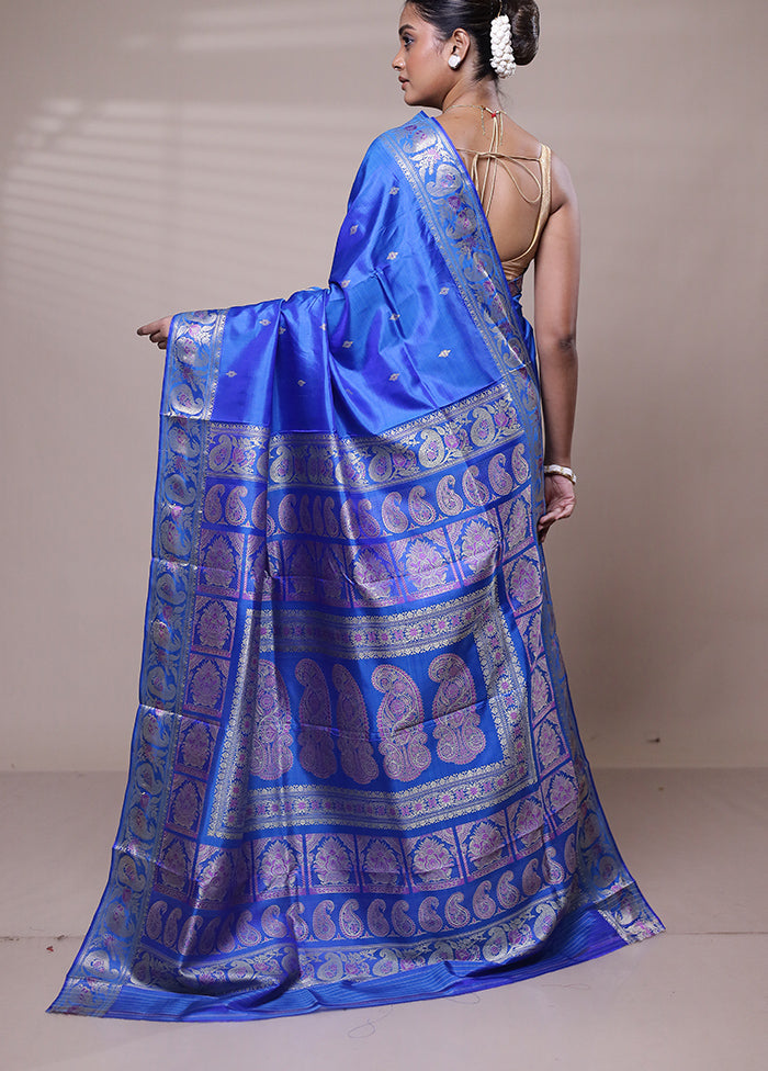 Blue Handloom Baluchari Pure Silk Saree With Blouse Piece