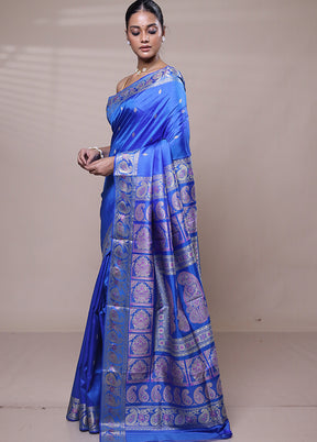 Blue Handloom Baluchari Pure Silk Saree With Blouse Piece