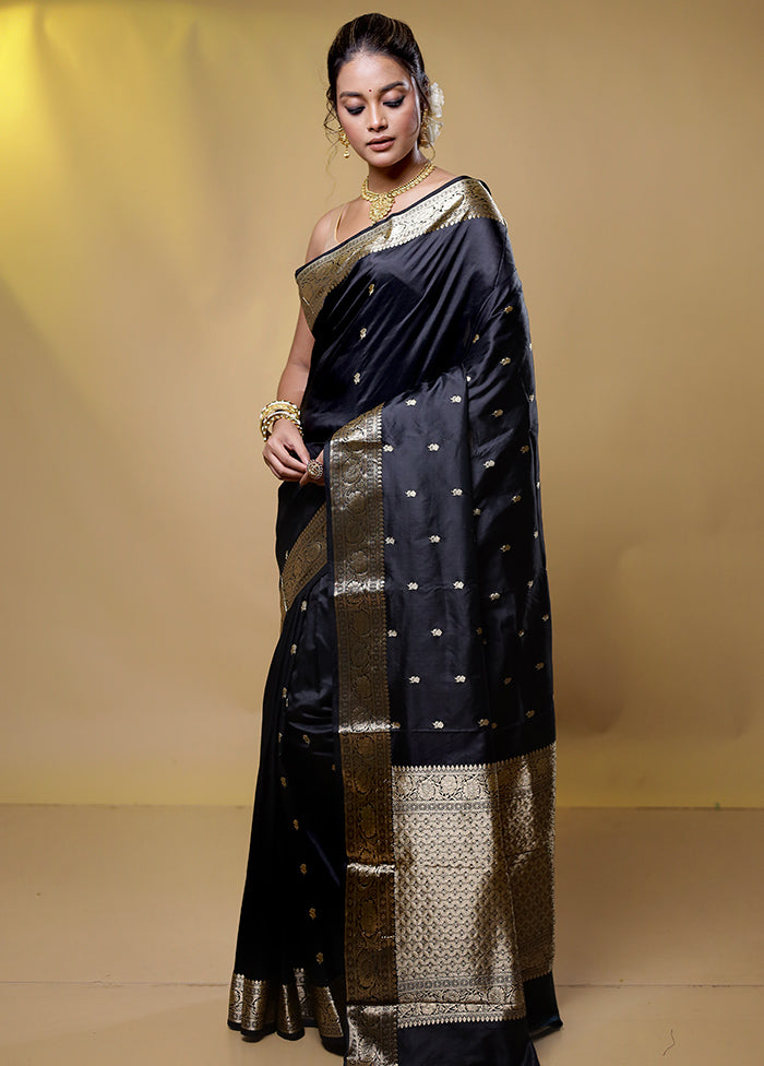 Black Handloom Katan Pure Silk Saree With Blouse Piece