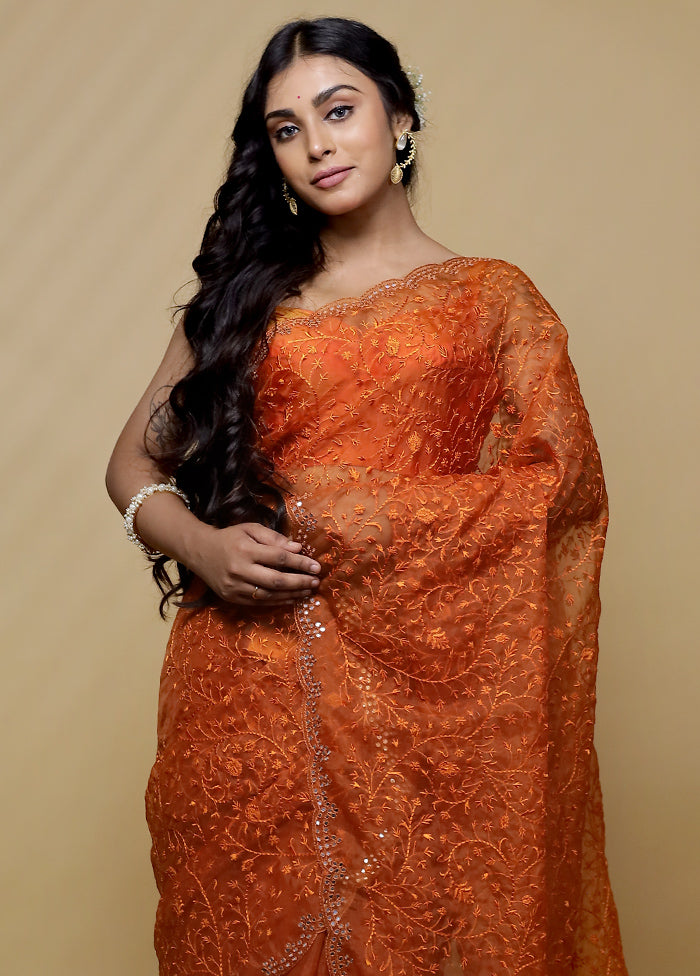 Orange Organza Saree With Blouse Piece - Indian Silk House Agencies