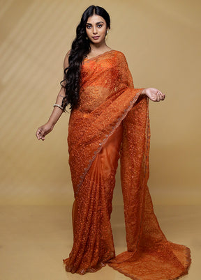 Orange Organza Saree With Blouse Piece - Indian Silk House Agencies