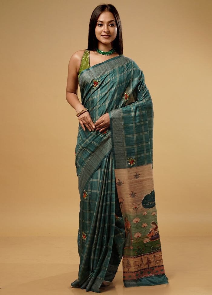 Green Tussar Silk Saree With Blouse Piece