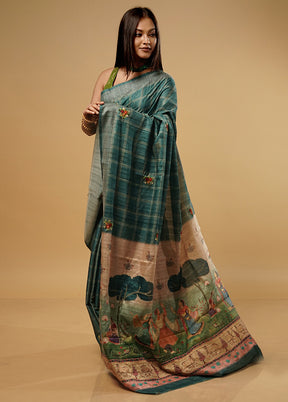 Green Tussar Silk Saree With Blouse Piece