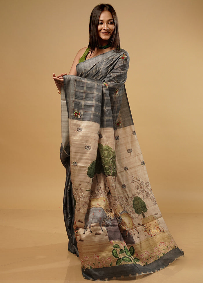 Grey Tussar Silk Saree With Blouse Piece