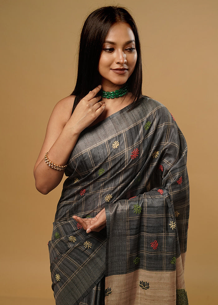 Grey Tussar Silk Saree With Blouse Piece - Indian Silk House Agencies