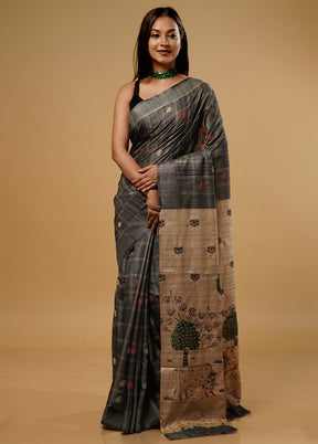 Grey Tussar Silk Saree With Blouse Piece - Indian Silk House Agencies