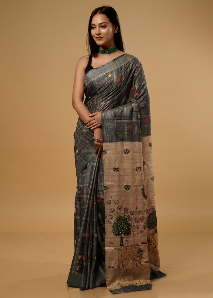 Grey Tussar Silk Saree With Blouse Piece - Indian Silk House Agencies