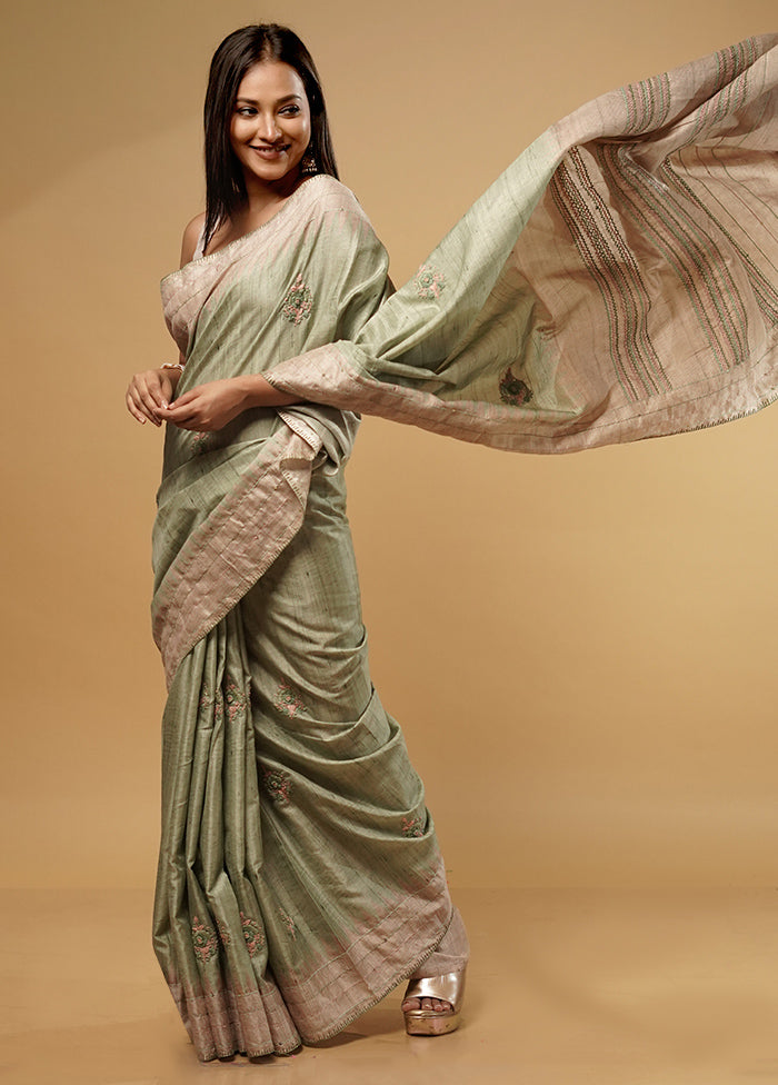 Green Tussar Silk Saree With Blouse Piece