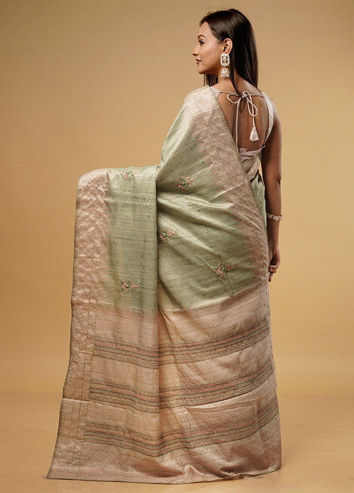 Green Tussar Silk Saree With Blouse Piece