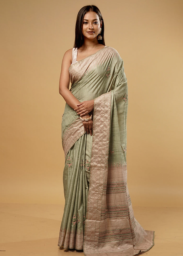 Green Tussar Silk Saree With Blouse Piece