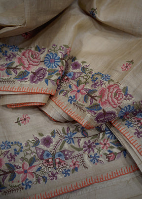 Cream Tussar Pure Silk Saree With Blouse Piece - Indian Silk House Agencies