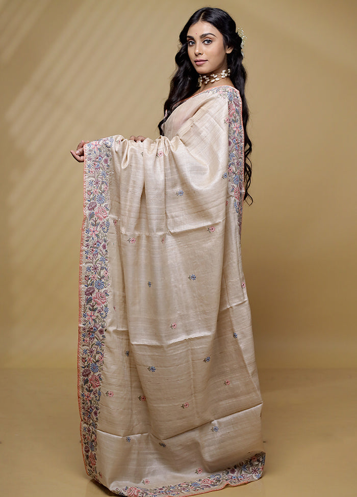 Cream Tussar Pure Silk Saree With Blouse Piece - Indian Silk House Agencies