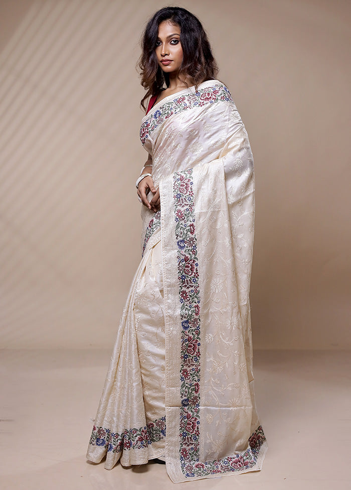 Cream Tussar Pure Silk Saree Without Blouse Piece - Indian Silk House Agencies