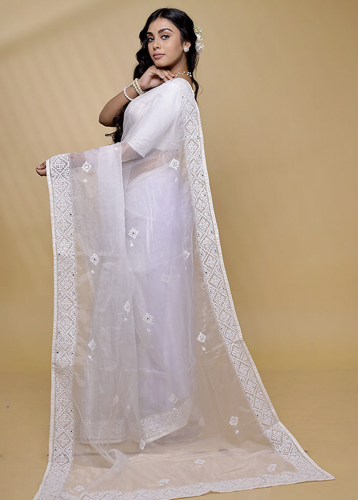 White Organza Saree With Blouse Piece - Indian Silk House Agencies