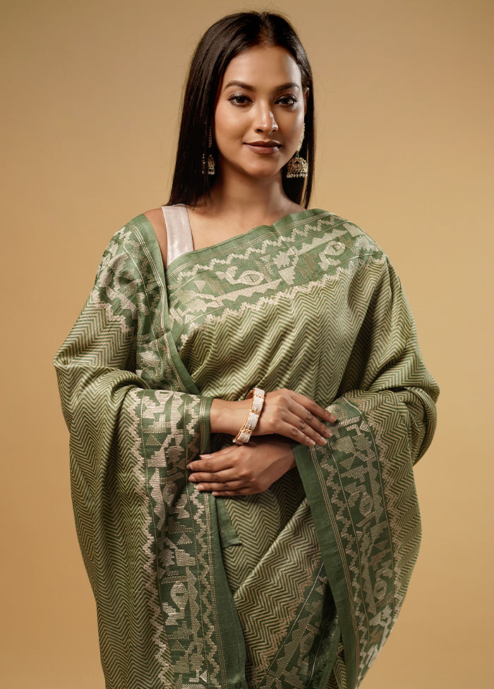 Green Tussar Pure Silk Saree With Blouse Piece