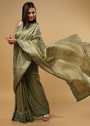 Green Tussar Pure Silk Saree With Blouse Piece