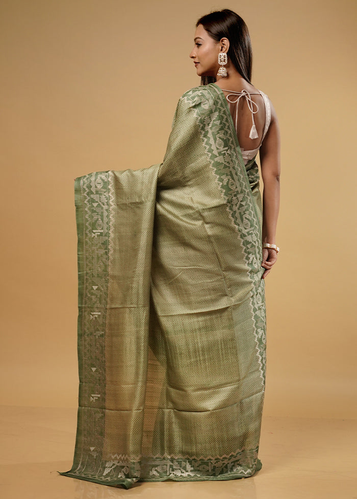 Green Tussar Pure Silk Saree With Blouse Piece