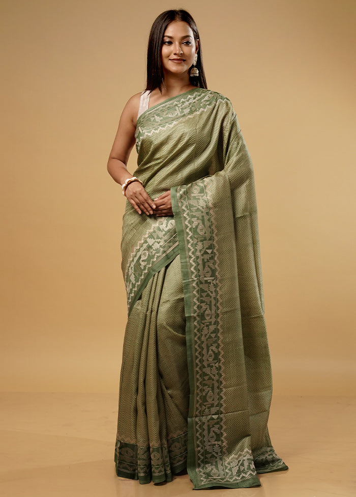 Green Tussar Pure Silk Saree With Blouse Piece