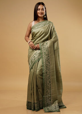 Green Tussar Pure Silk Saree With Blouse Piece - Indian Silk House Agencies